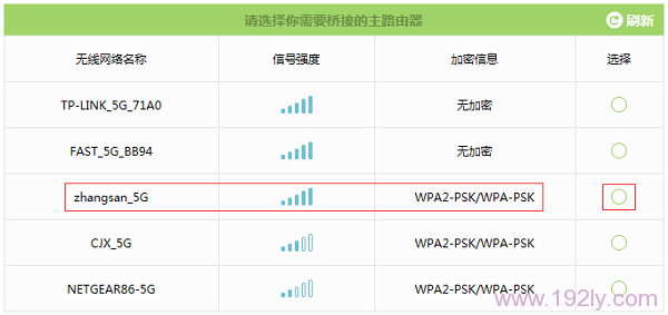 在扫描结果中,找到需要桥接的无线信号(本例中是:zhangsan_5G) 在扫描结果中,找到需要桥接的无线信号(本例中是:zhangsan_5G)